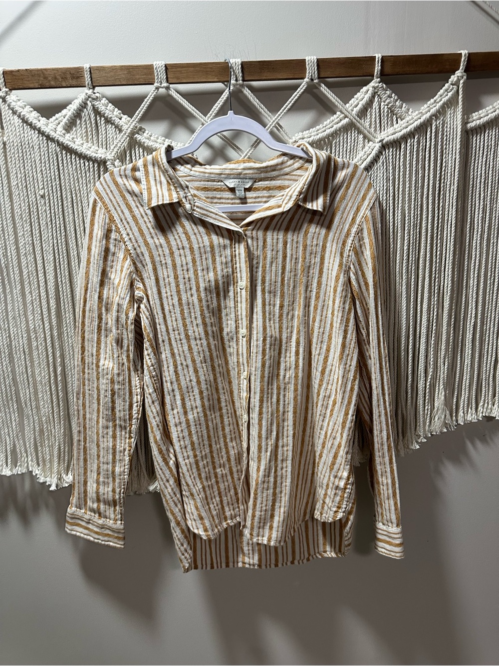 Lucky Brand Cream and Brown Striped Button-Down Shirt